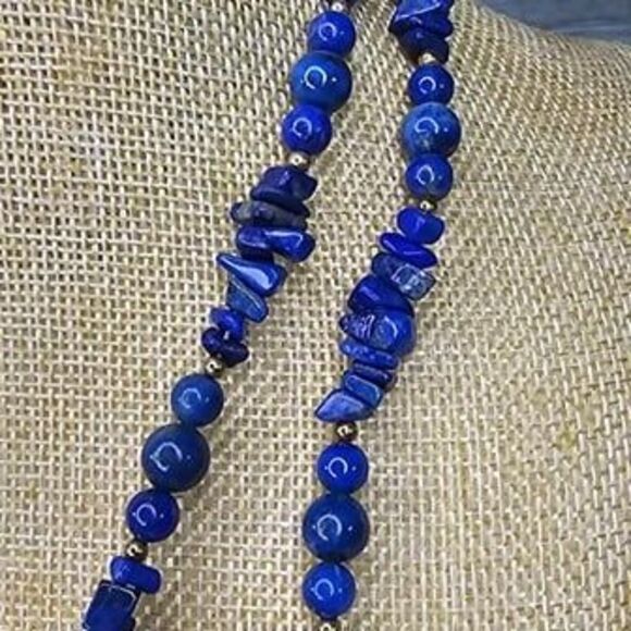 Lapis Lazuli, Sodalite Chip 2 Strand Necklace Large Druzy Pendant 18"L - Picture 3 of 7